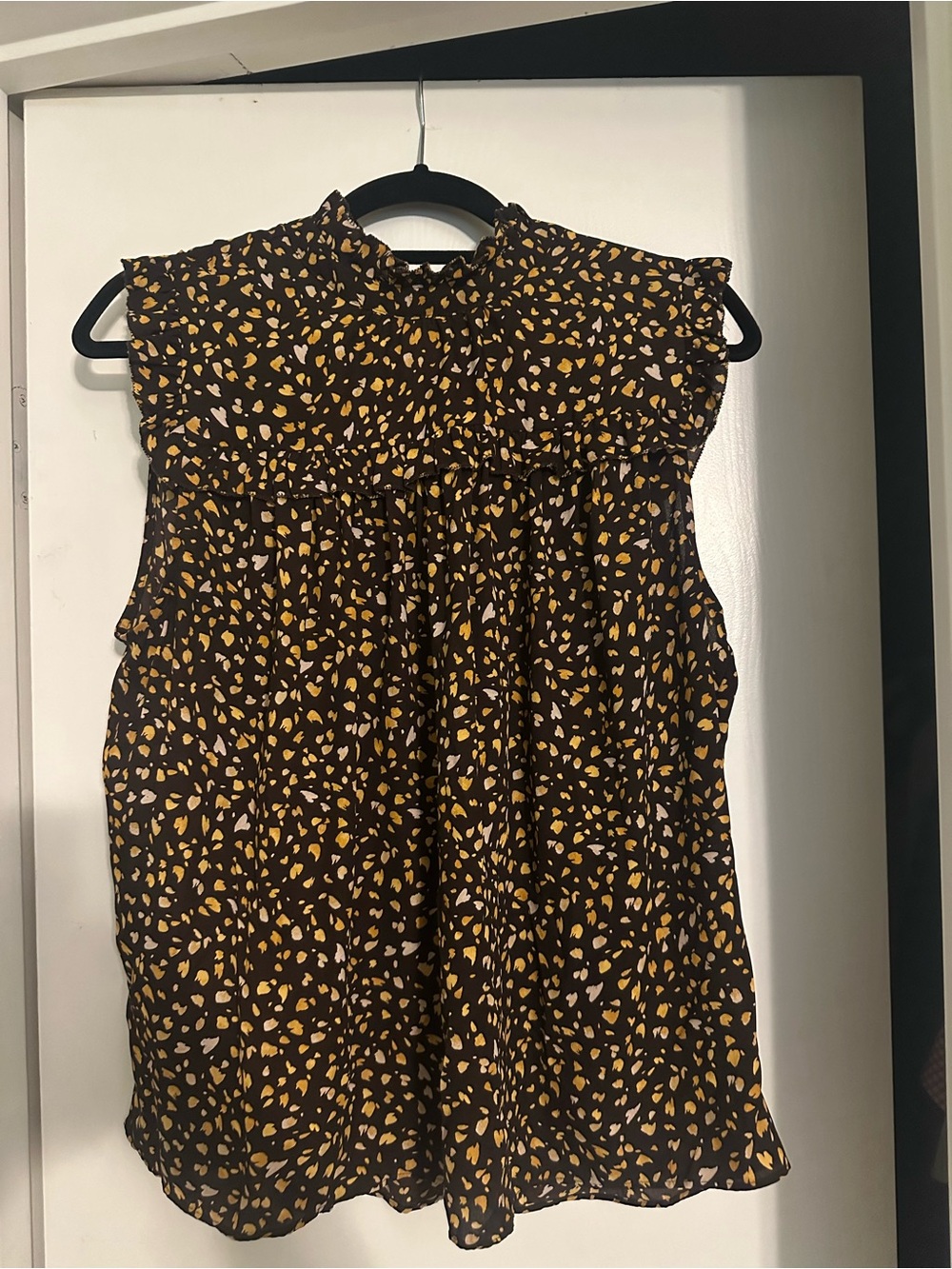 Ann Taylor Brown Sleeveless Ruffle Yoke Camisole with Mustard & Cream Spots